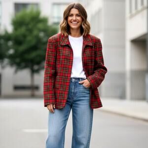 Vintage 90s Tartan Plaid Blazer Jacket Full Zip Red Christmas Oversized Festive